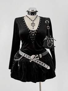 Sunspun Plus Size Dark Gothic Style Cross Strap Long Sleeve Top And Skirt 2 Pieces Set - Black - View 6
