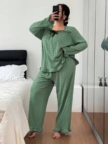 Dream Adore Ensemble pyjama femme casual avec Top à manches longues col rond, volants, nœud papillon et contraste de couleurs, et pantalon. grande taille, vêtements d'hiver - Vert - Voir 6