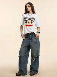 Paul Frank X SHEIN Women's Casual Letter & Monkey Print Short Sleeve T-Shirt, Summer - White - View 4