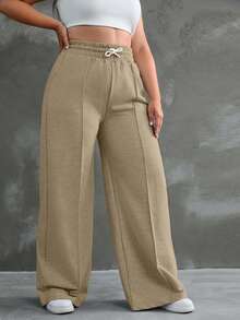 SHEIN Cottnline Plus Drawstring Waist Wide Leg Pants - Camel - View 5