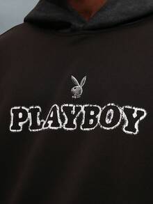 PLAYBOY X SUMWON Oversized Pullover Hoodie With Drawstring Hood And Centre Pocket Casual Streetwear Sweatshirt - Black - View 4