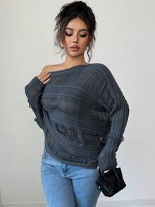 Rafferiza Women's Elegant Gray Autumn Chic Slouchy Slant Collar Asymmetrical Shoulder Knitted Batwing Sleeve Pullover Sweater, Night Out Casual Business Office Top - Navy Blue - View 4