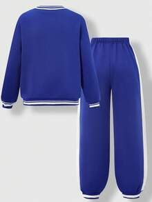 SHEIN Explorewe Tween Boy Letter & Stripe Long Sleeve Baseball Jacket And Jogger Pants 2 Pieces Set, Casual For Autumn/Winter - Blue - View 2
