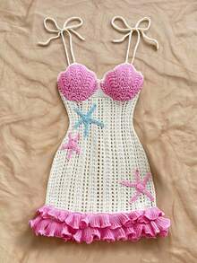 Dreamara Plus Size Women's Holiday Peach Starfish Decor Double Ruffle Hem Knit Dress, Suitable For Vacation, Date, Afternoon Tea, Beach, Cruise, City Trip, Wedding Season, Music Festival - Multicolor - View 5