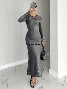 Siren Gaze Women's Grey Autumn Elegant Dinner Dress,Contrast Trim Hollow Out Fitted Long Sleeve Party Dresses,Silver Metallic Embellishments Skirt - Grey - View 5