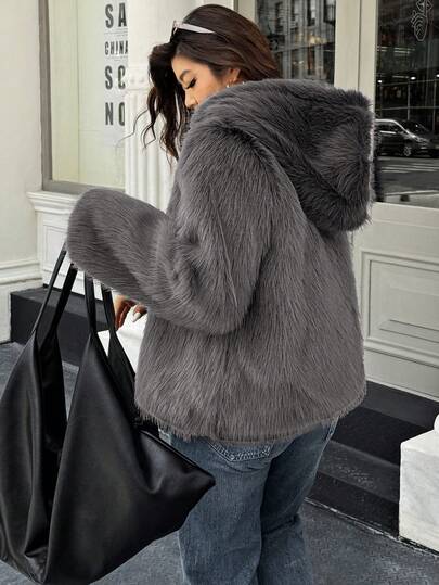 Easura 大码女式纯色长袖拉链休闲仿皮草连帽夹克，秋冬