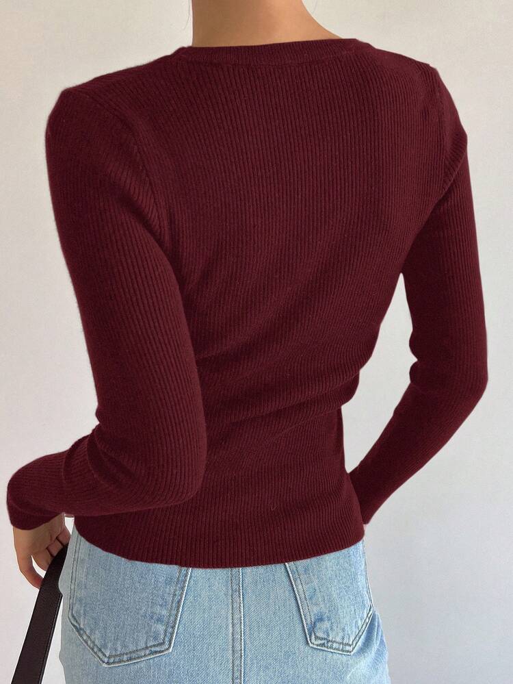Stylish Red Knitwear Round Neck Rib-Knit Long Sleeve Sweater For Women Casual Wear