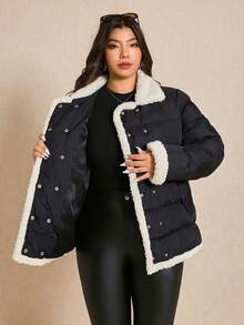 Elaquor Abrigo de felpa negra con parches de piel sintética, estilo urbano chic minimalista y casual para mujer de talla grande en invierno - Negro - Ver 7