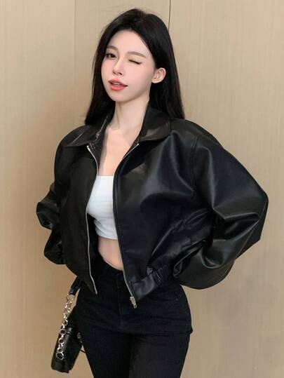 DAZY 1件女士纯色前拉链长袖口袋简约PU皮夹克，秋季女装皮夹克