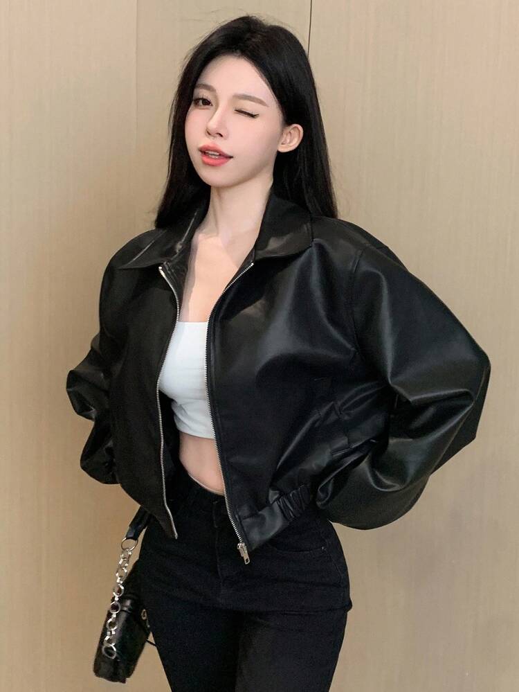 1pc Women's Solid Color Front Zipper Long Sleeve Pocket Minimalist PU Jacket,Fall Women Clothes Leather Jacket