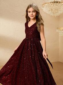 Błyszcząca sukienka z cekinami dla dziewcząt, formalna sukienka na wieczorne przyjęcie, strój na przyjęcie urodzinowe dla dzieci, bożonarodzeniowa sukienka w kolorze czerwonego wina - Burgund - Zobacz 7