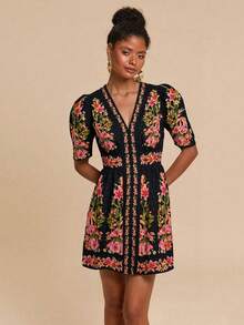 Travachic 女式梭织印花短袖迷你连衣裙 - 黑色 - 查看 5