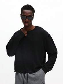 SUMWON 长袖圆领针织上衣，罗纹纹理，休闲套头毛衣，秋冬基本款 - 黑色 - 查看 5