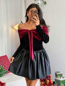 Chiquease Women's Color-Blocked Velvet Bow-Tie Off-Shoulder Hollowed-Out Short Dress,Elegant Black Autumn Banquet Christmas Clothing,Elegant Night Out Dress - Red and Black - View 3