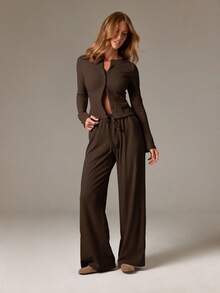 AiiRZ Ribbed Cardigan And Wide Leg Pants Co Ord Set For Women Casual Lounge Wear Autumn Winter Outfit - Chocolate Brown - View 6