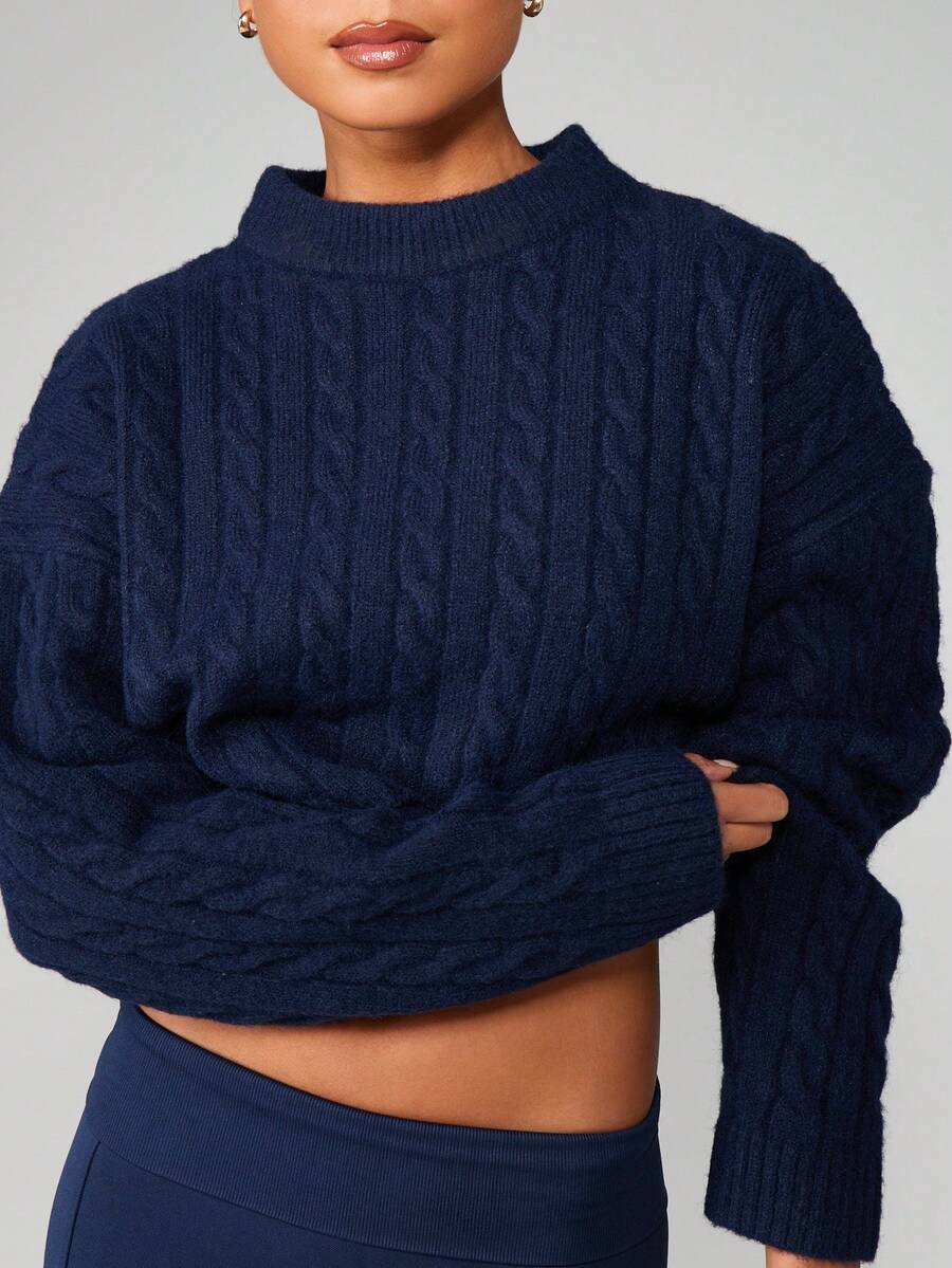 MISSGUIDED 绞花针织短款毛衣长袖高领秋冬针织套头衫 - 藏蓝色 - 查看 1