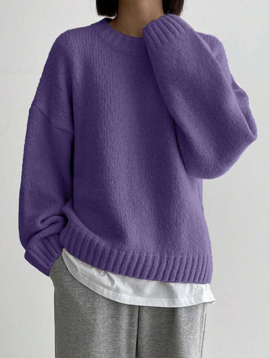 DAZY 女式休闲宽松圆领落肩长袖毛衣，秋冬 - Bold Plum - 查看 1