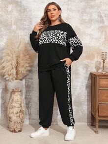 EMERY ROSE 秋季大码休闲豹纹拼布卫衣和运动裤两件套 - 黑色 - 查看 4