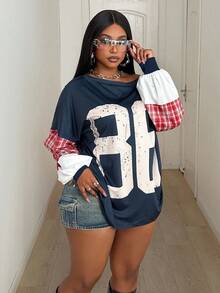 Maweii Women's Summer Casual Number And Classic Plaid Print Design Loose Long-Sleeve T-Shirt, Suitable For Everyday Wear, New Year's Wear, Christmas Wear, And Holiday Wear