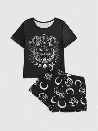 Damen Gothic Schwarze Katze Blumen Mond Stern Kreuz Muster Kurzarm Shorts Pyjama Set