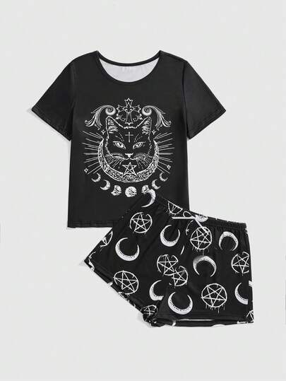 Ensemble de pyjama court à manches courtes pour femmes avec imprimé gothique de chat noir, fleurs, lune et étoiles croisées