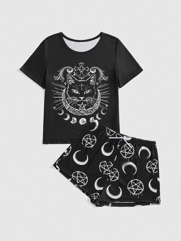 ROMWE Goth Conjunto de pijama de mujer con estampado de gato negro, flores, luna y estrella en color negro, de manga corta y pantalón corto