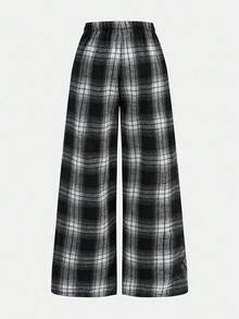 SHEIN Girlism Tween Girls Plaid Daily Wear Microfleece Football/Soccer Black And White Sportswear Wide Leg Pants Fall/Winter - Black - View 5