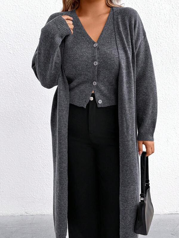 EMERY ROSE Ensemble de pull femme grande taille à manches longues et gilet sans manches de couleur unie, pull décontracté