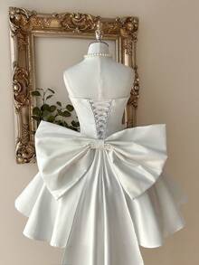 Lovelzi Elegant, Romantic, Fashionable, Dignified, Palace Style, White, Satin, Tight Fishbone, Floral Decoration, Oversized Bow Train, A-Line, Suitable For Bachelorette Parties, Weddings, Graduation Ceremonies, Vacations, Birthday Parties, Bridal Showers (Bow Is Detachable) - White - View 8