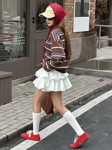 DAZY 青少年女孩条纹落肩长袖高领休闲宽松毛衣，秋冬 - 棕色 - 查看 7