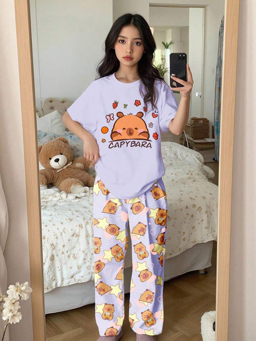 SHEIN Leap Crew 可爱水豚印花,青少年女孩休闲圆领短袖上衣和裤子睡衣套装,适合夏季 - 彩色 - 查看 1