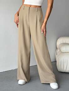 SHEIN Tall Calça feminina solta casual plissada de cor sólida e perna larga - Caqui - Ver 1