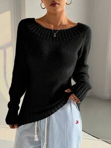 Flirla Petite Áo len tay dài màu trơn cổ tròn lệch vai bất đối xứng dành cho nữ mùa thu/đông - màu đen - Xem 4