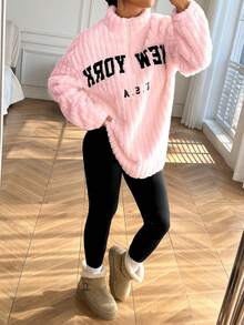 SHEIN EZwear 女士休闲羊毛衬里字母印花拉链连帽衫和裤子套装，粉色，秋冬连帽衫和运动裤套装，家居服和工作服，Y2K蓬松加厚两件套休闲套装，纽约女装，女士舒适服装 - 粉色 - 查看 3