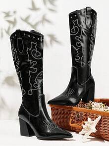 Styleloop Giày bốt cao gót qua gối thời trang thu đông dành cho nữ, bốt dài dự tiệc gợi cảm cho lễ hội âm nhạc, Halloween, Giáng sinh và tiệc tùng - màu đen - Xem 1