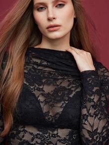 Maija 女式性感透明蕾丝漏斗领长袖修身T恤 - 黑色 - 查看 2