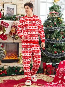 男士圣诞派对驯鹿图案长袖上衣和裤子睡衣套装，节日狂欢红色，冬季服装，蓬松舒适 - 彩色 - 查看 5
