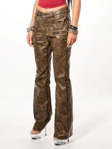 SUMWON WOMEN Faux Suede Low Rise Flare Trousers With Zipper Details For Festival Vintage Style - Brown - View 4