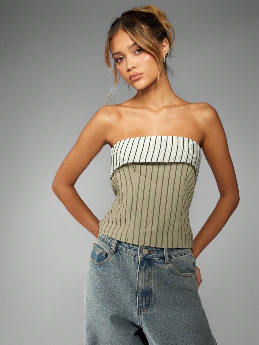 MISSGUIDED Pinstripe Bandeau Crop Top Strapless Fold Over Detail Summer Spring Evening Party Club Festival Wear - White - View 1