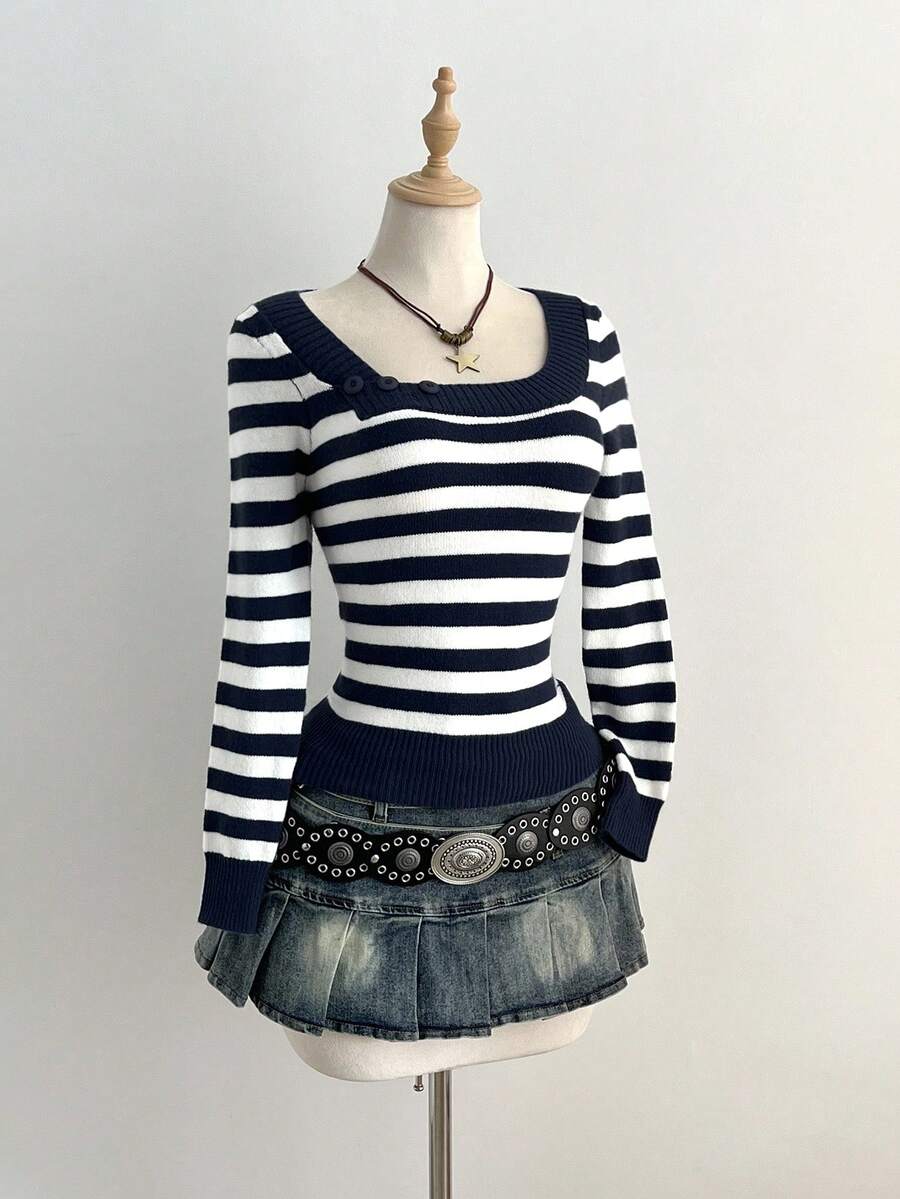 Elamini 时尚修身条纹毛衣，秋季百搭单品 - 彩色 - 查看 1