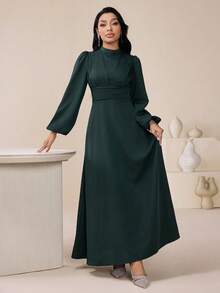 Veilorie 女士优雅褶皱腰灯笼袖翻领连衣裙，纯色，适合春秋季节 - 墨綠色 - 查看 3