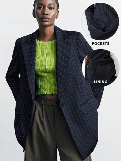 Maija Blue Striped Long Casual Blazer Jacket For Women, Versatile Urban Style For Autumn,Business Casual Woman Christmas Women's Clothing Saudi National Day Clothes For New Year Autumn Outfits For Women Women's Winter Clothes Women's Social Blouse