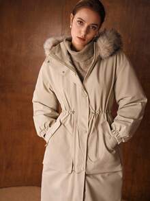 MOTF PREMIUM CASUAL DRAWSTRING WAIST FURRY TRIM HOODED WINTER COAT, AUTUMN/WINTER - Khaki - View 2