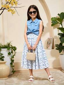 Tween Girls' Solid Front Button Sleeveless Top And Full Allover Print Spaghetti Strap Dress Summer Casual 2pcs/Set,Holiday,Summer,Travel - Royal Blue - View 4
