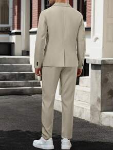 Manfinity Mode 男士纯色翻领长袖西装外套和裤子，休闲西装套装男士米色西装米色西装男士奶油色西装男士男士卡其色西装男士夏季西装。送给男朋友或丈夫的绝佳礼物。 - 米色 - 查看 2