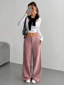 SHEIN Unity 1pc Women's Corduroy Straight Leg Pants, Front & Back Pockets Design, Casual Everyday Campus Wear Wide Leg Trousers, Lotus Root Color - Dusty Pink - View 5
