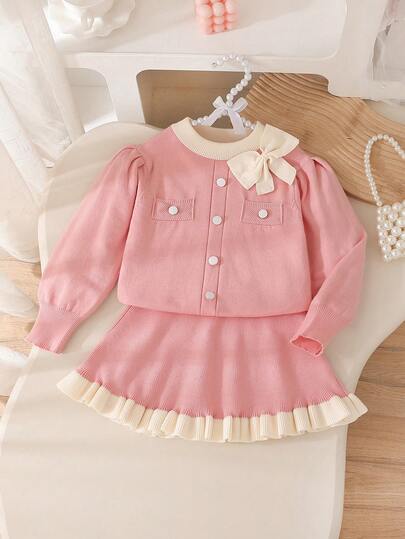 Souflis Souflis Baby Girls Sweater Co-Ords, Cute 3D Bow Ruffle Trim Knit Sweater Set, Loose Versatile Cardigan + Skirt 2-Piece Outfit, Long Sleeve Knitted Sweater Set, Suitable For Daily Wear, Travel, Outings In Autumn/Winter Pink Warm Dresses For Baby Girl Kids Winter Clothes Baby Girls Sets Baby Girls Sweet Embroidered Collar Ruffle Long Sleeve Blouse And Butterfly Decor Suspender Skirt Set Spring Autumn Outfit Baby Girl Clothes Spring Fall Two Piece Winter Outfits For Toddler Girl