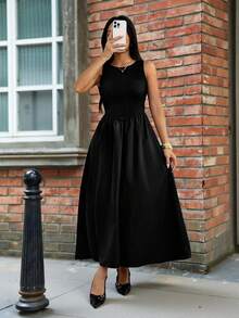 SHEIN PETITE 女士长款休闲度假无袖纯黑色连衣裙，宽松版型，适合返校、复古风格、教师节、小码版型 - 黑色 - 查看 9