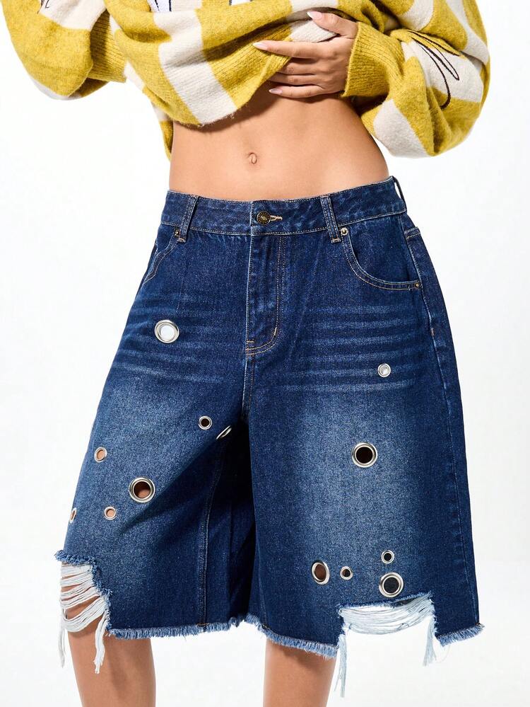 SUMWON WOMEN Distressed Denim Shorts With Eyelet Details