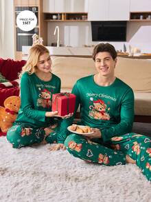 圣诞糖果和可爱小熊印花撞色长袖上衣和裤子男士睡衣套装秋冬服装